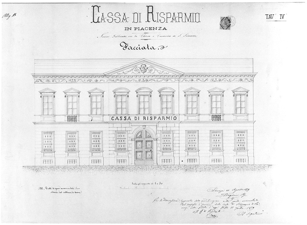 progetto della facciata della Cassa di Risparmio in Piacenza (disegno) di Brigidini Daniele (sec. XIX)