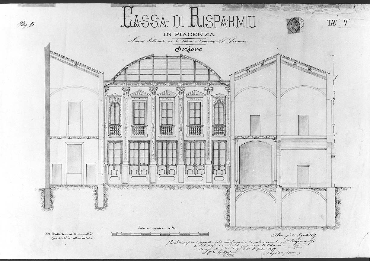 progetto per la Sala dei Depositanti e Uffici adiacenti della Cassa di Risparmio di Piacenza (disegno) di Brigidini Daniele (sec. XIX)
