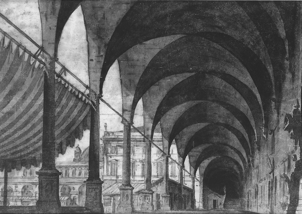 atrio spazioso e magnifico della reggia di Persepoli, studio scenografico (disegno) di Gonzaga Pietro (sec. XVIII)