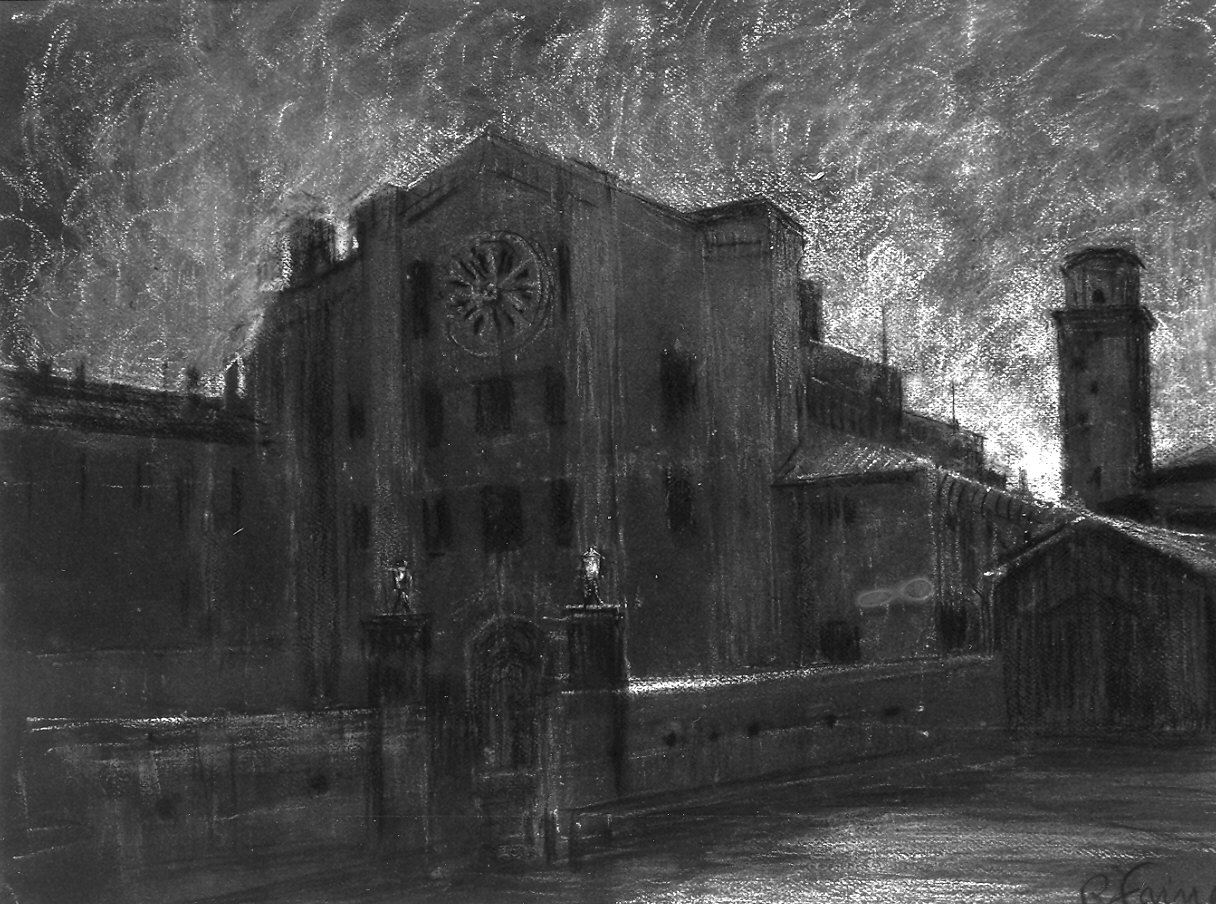 veduta della chiesa di San Francesco a Parma (disegno) di Fainardi Riccardo (prima metà sec. XX)