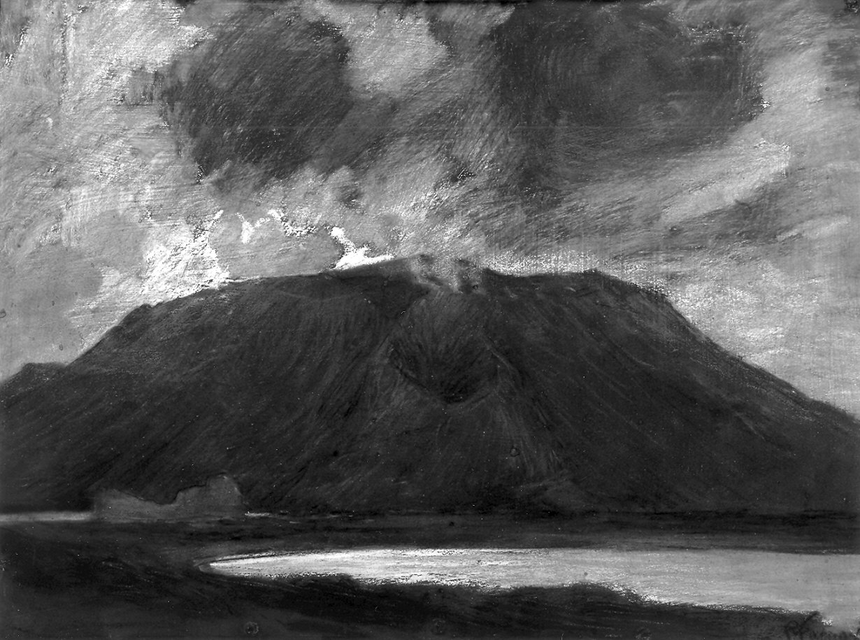 veduta dello Stromboli in eruzione (disegno) di Fainardi Riccardo (prima metà sec. XX)