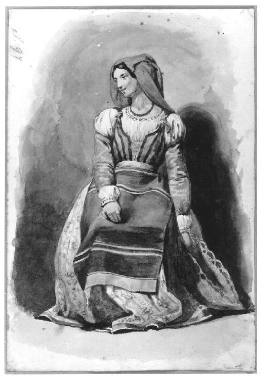 Donna in costume regionale, figura femminile (disegno, opera isolata) di Levi Gioacchino (seconda metà sec. XIX)
