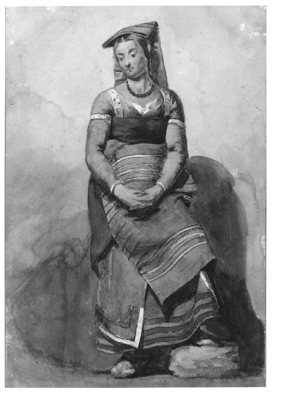 Donna in costume regionale, figura femminile (disegno, opera isolata) di Levi Gioacchino (seconda metà sec. XIX)