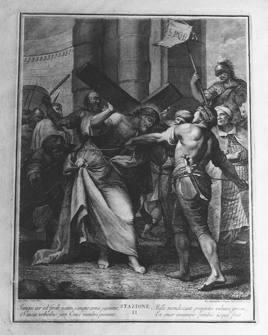 stazione II: Gesù caricato della croce (stampa, serie) di Crosato Giovanni Battista (sec. XVIII)