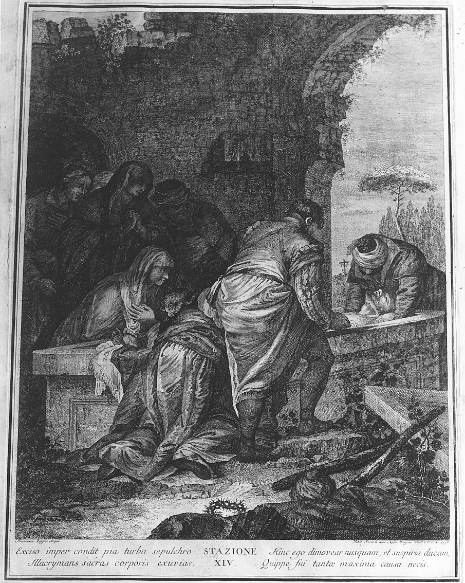 stazione XIV: Gesù deposto nel sepolcro (stampa, serie) di Zugno Francesco, Berardi Fabio (sec. XVIII)