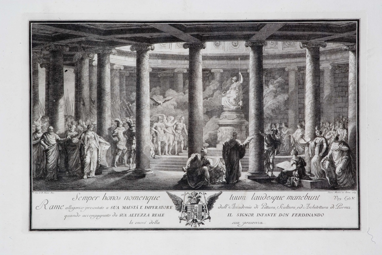 allegoria delle Arti nel Tempio di Minerva (stampa) di Petitot Ennemond Alexandre, Martini Pietro Antonio (sec. XVIII)