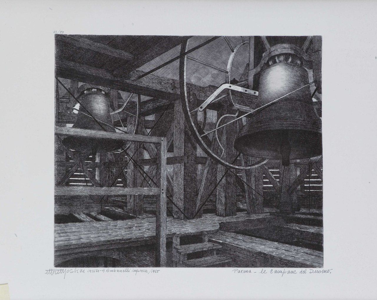 veduta delle campane del Duomo di Parma (stampa) di Mossini Ettore (sec. XX)