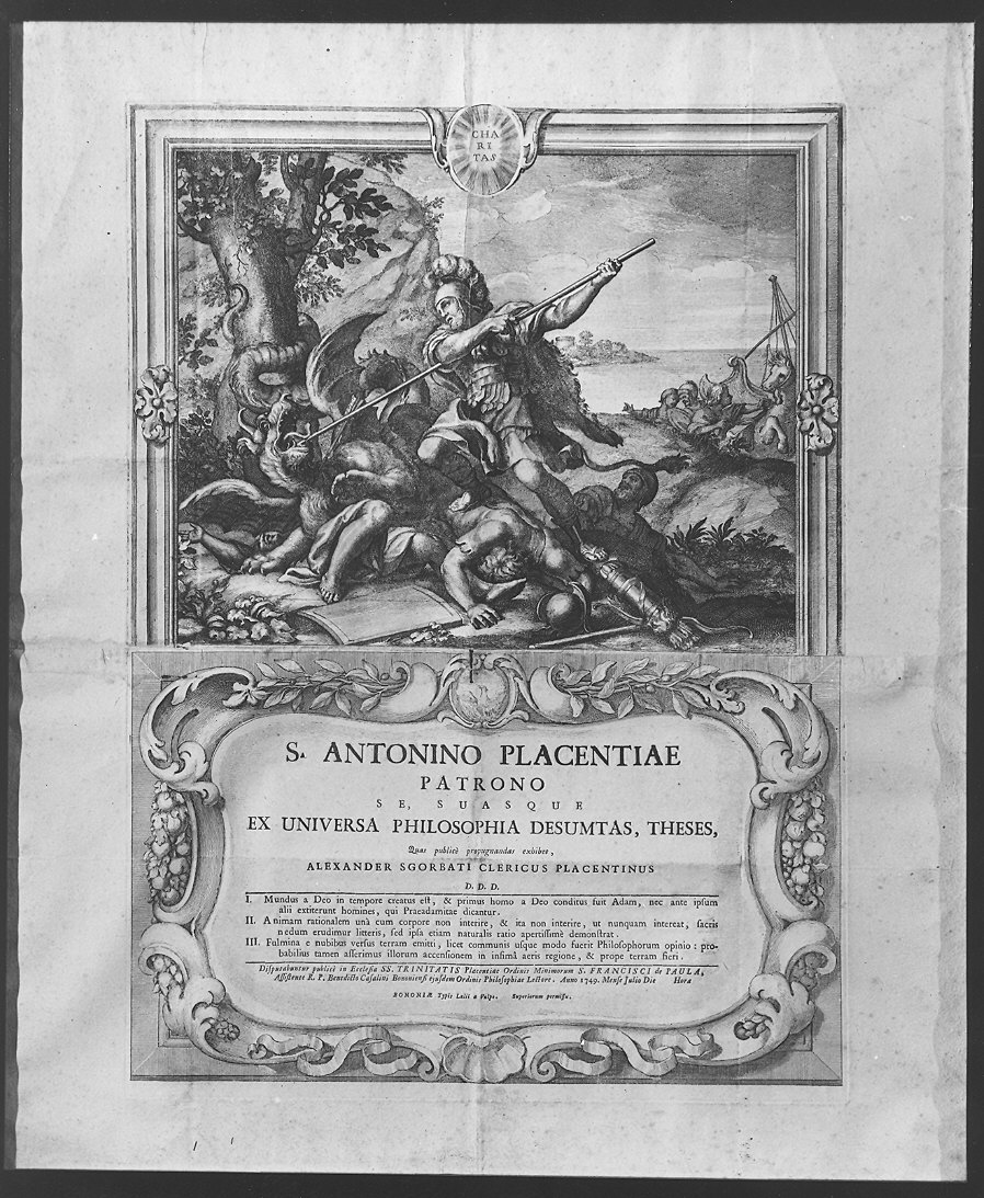 testata delle tesi filosofiche di Alessandro Sgorbati (stampa) - ambito emiliano (prima metà sec. XVIII)