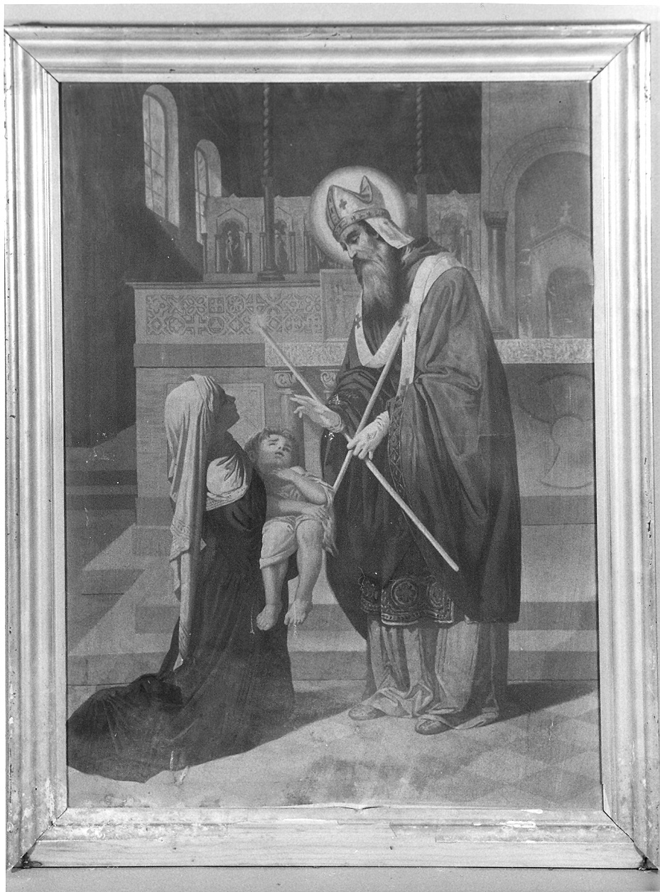 San Biagio guarisce un fanciullo (stampa a colori smarginata) di Morgari Carlo (maniera) (fine/inizio secc. XIX/ XX)