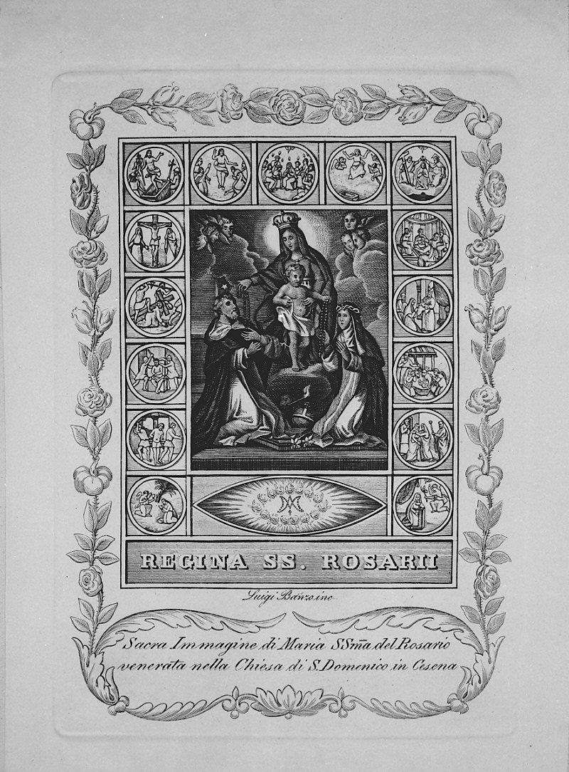 Madonna del Rosario con San Domenico e Santa Caterina da Siena (stampa) di Banzo Luigi (sec. XIX)