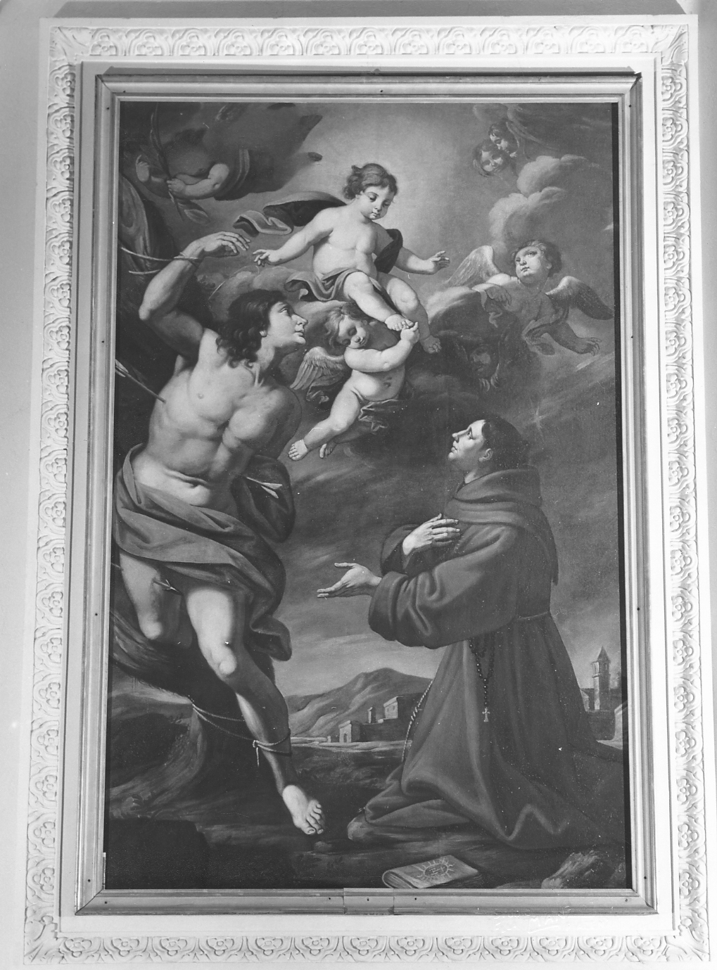apparizione di Gesù Bambino a San Sebastiano e Sant'Antonio da Padova (dipinto) - ambito emiliano-lombardo (sec. XVII)