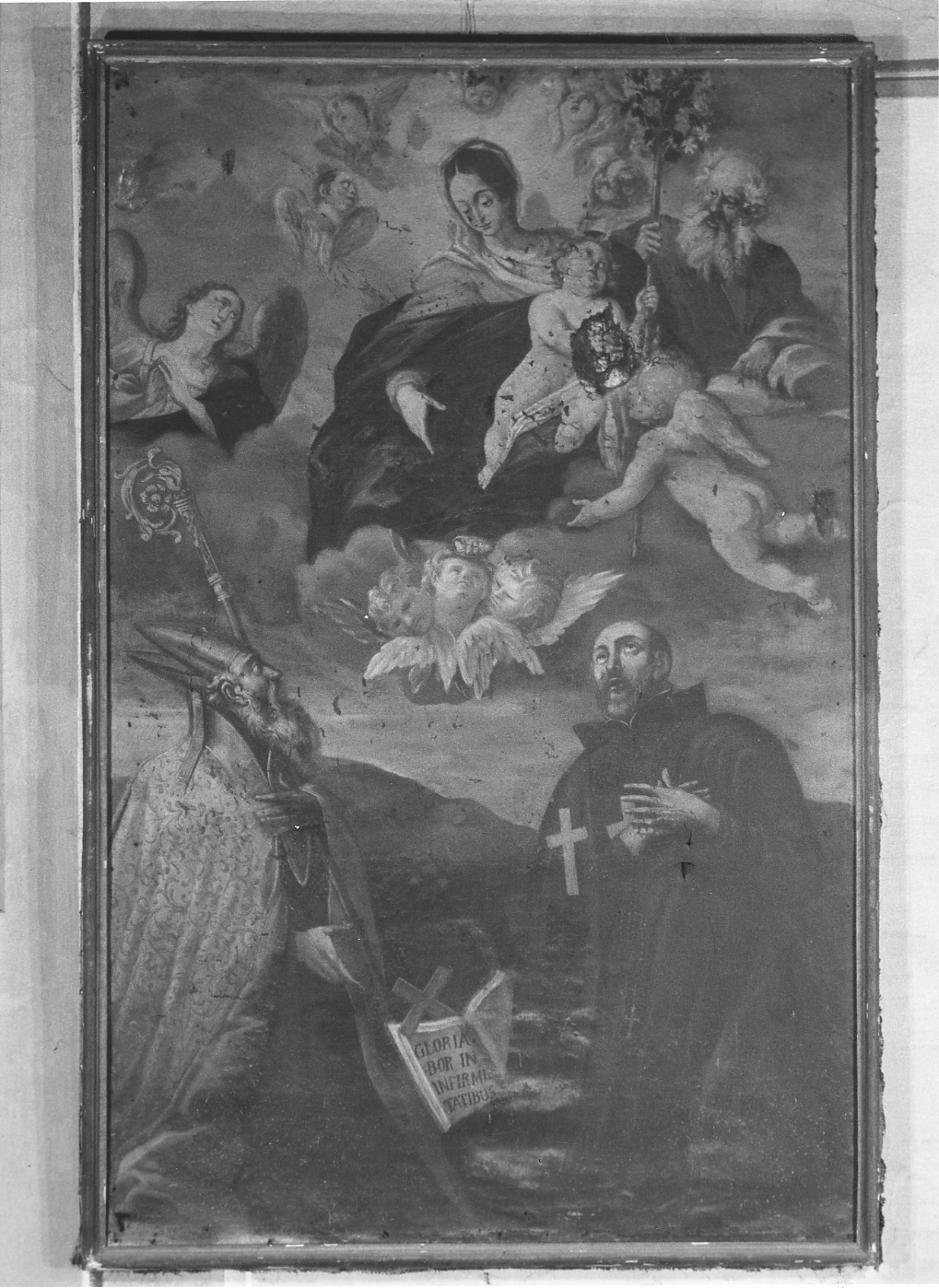 Sacra Famiglia in gloria con Santo Vescovo e San Camillo de Lellis (dipinto) - ambito emiliano-lombardo (fine/inizio secc. XVI/ XVII)