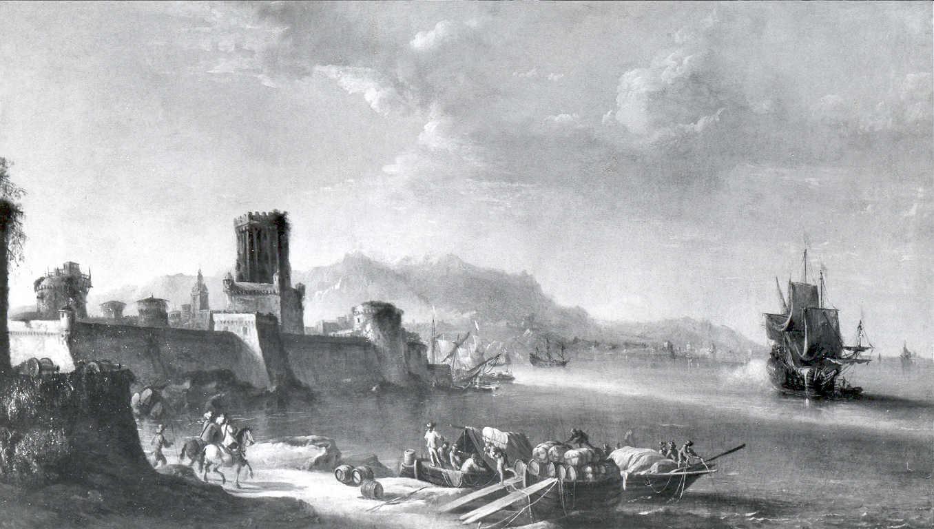 velieri e merci sulla riva, navi in un porto fortificato (dipinto) - ambito europeo (sec. XIX)