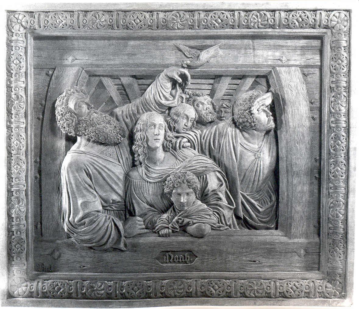 Noè nell'arca mentre avvista la colomba, storia di Noè (rilievo) di Rint Johan (attribuito) (sec. XIX)