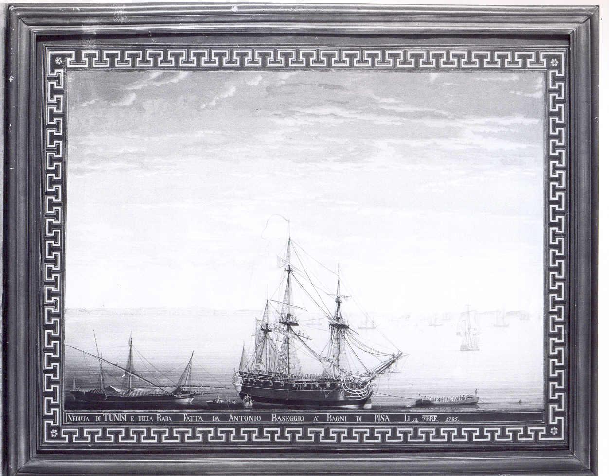 veduta dell'insenatura di ancoraggio delle navi, del porto e della città di Tunisi (dipinto, serie) di Baseggio Antonio (sec. XVIII)