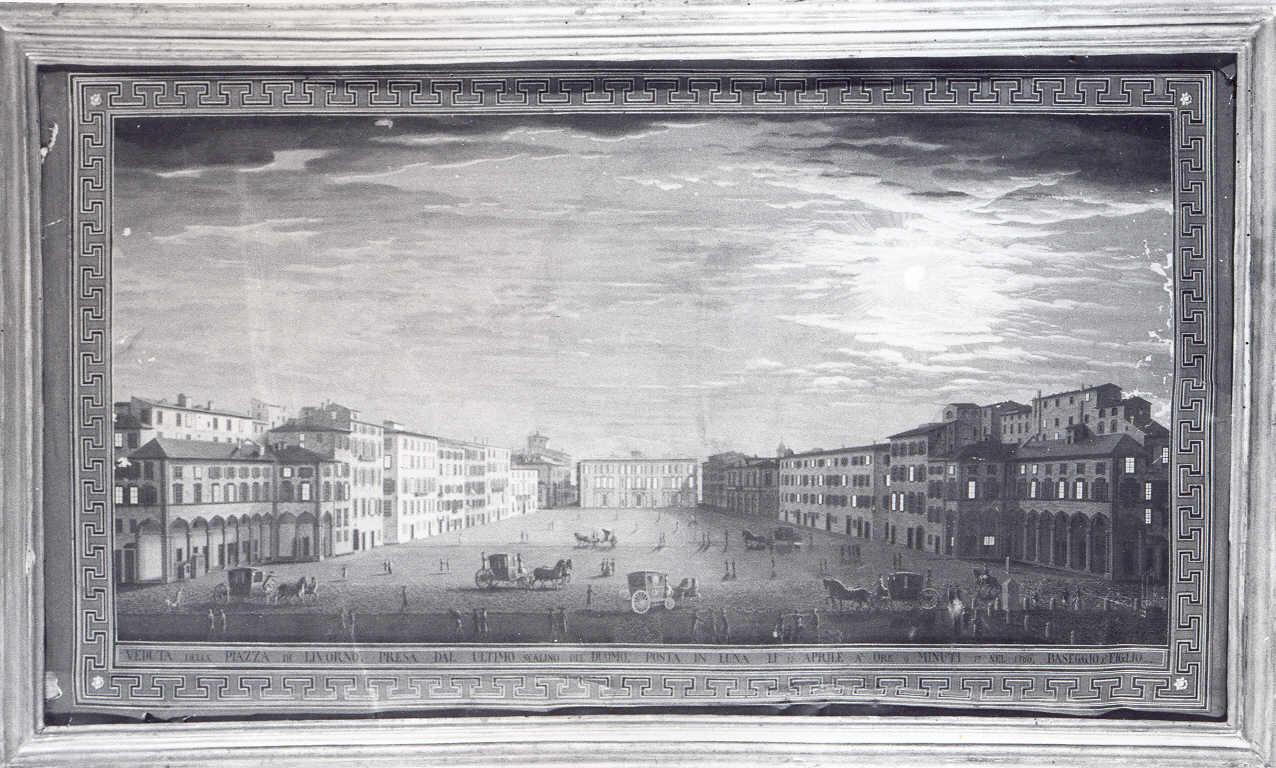 veduta notturna di piazza Grande, già piazza d'Armi, a Livorno ripresa in direzione del porticciolo dei Genovesi (stampa colorata a mano, serie) di Baseggio Antonio, Baseggio Giacomo (sec. XVIII)