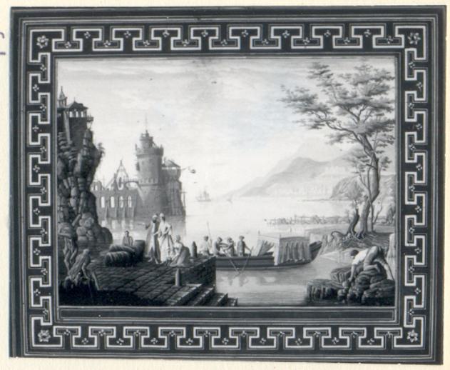 paesaggio marino con molo, barca con orientali e architetture (stampa colorata a mano, serie) di Baseggio Giacomo (attribuito) (sec. XVIII)