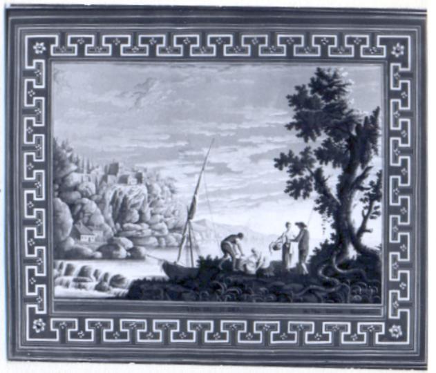 paesaggio lacustre con promontori e cascata, barca e figure a riva (stampa colorata a mano, serie) di Baseggio Giacomo (sec. XVIII)