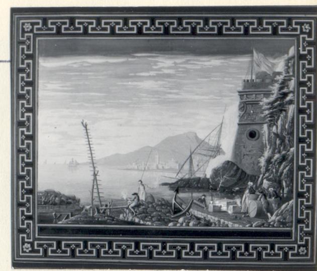 paesaggio marino con porto e calafati al lavoro (stampa colorata a mano, serie) di Baseggio Giacomo (attribuito) (sec. XVIII)