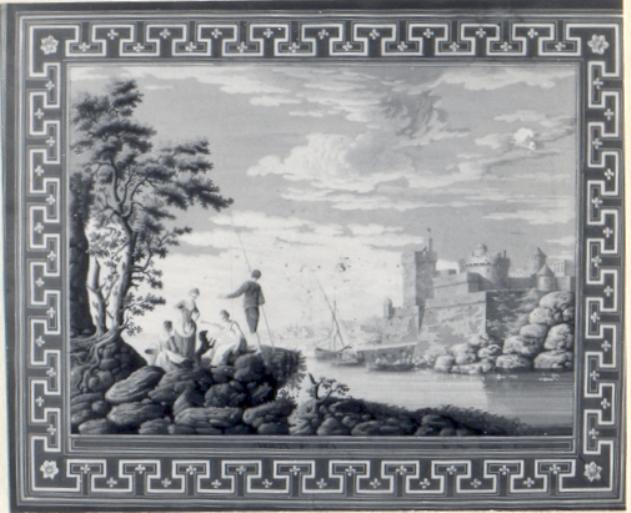 paesaggio marino con porto, cittadina e figure (stampa colorata a mano, serie) di Baseggio Giacomo (sec. XVIII)