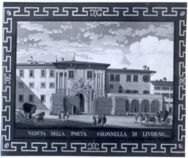 veduta di porta Collonella a Livorno (stampa colorata a mano, serie) di Baseggio Giacomo, Baseggio Antonio (sec. XVIII)