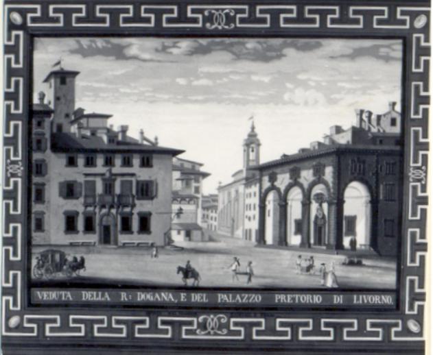 veduta di una parte di piazza Grande, già piazza d'Armi, con sulla destra l'edificio della Camera di Commercio, già Dogana, e il fianco e campanile della chiesa di san Giovanni e sulla sinistra il palazzo Pretorio (stampa colorata a mano, serie) di Baseggio Giacomo, Baseggio Antonio (sec. XVIII)