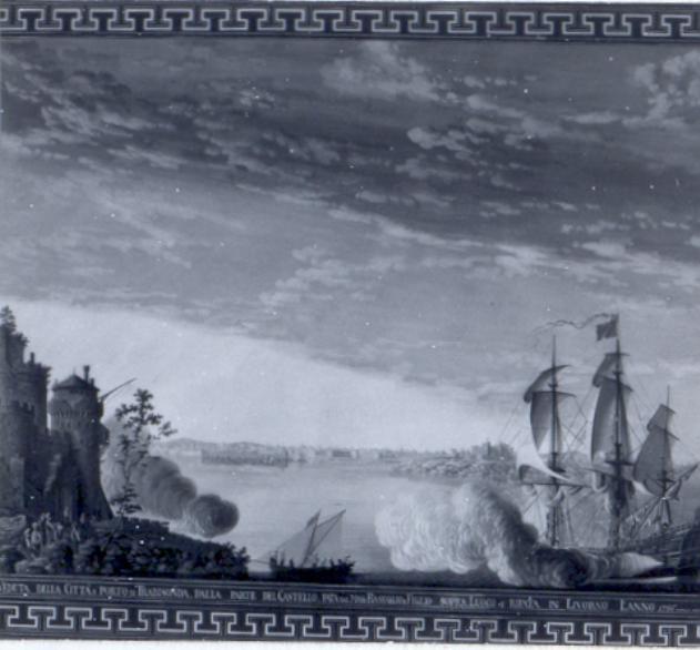 veduta della città e del porto di Trebisonda nel corso di una battaglia (dipinto, serie) di Baseggio Antonio, Baseggio Giacomo (sec. XVIII)