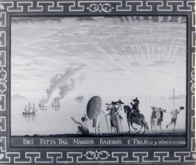 veduta ideata con macchiette e due velieri che bruciano al largo del porto di Livorno (dipinto, serie) di Baseggio Giacomo, Baseggio Antonio (sec. XVIII)