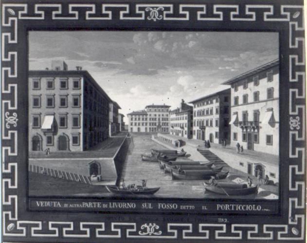 veduta della zona lungo il canale denominato Porticciolo nel quartiere della Venezia Nuova a Livorno (stampa colorata a mano, serie) di Baseggio Giacomo, Baseggio Antonio (sec. XVIII)