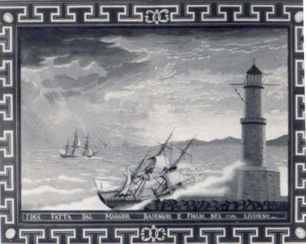 veduta ideata con mare in tempesa e un veliero che sbatte contro la lanterna di Livorno (dipinto, serie) di Baseggio Giacomo, Baseggio Antonio (sec. XVIII)