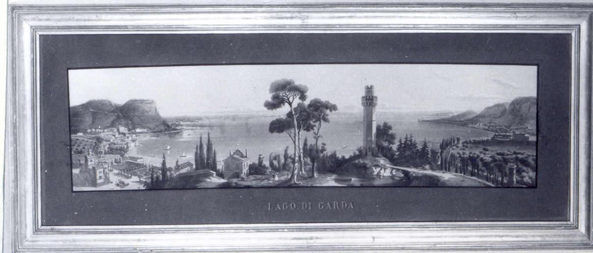 Veduta del lago di Garda, paesaggio lacustre (litografia) di Gariboldi Gaetano (attribuito) (metà sec. XIX)
