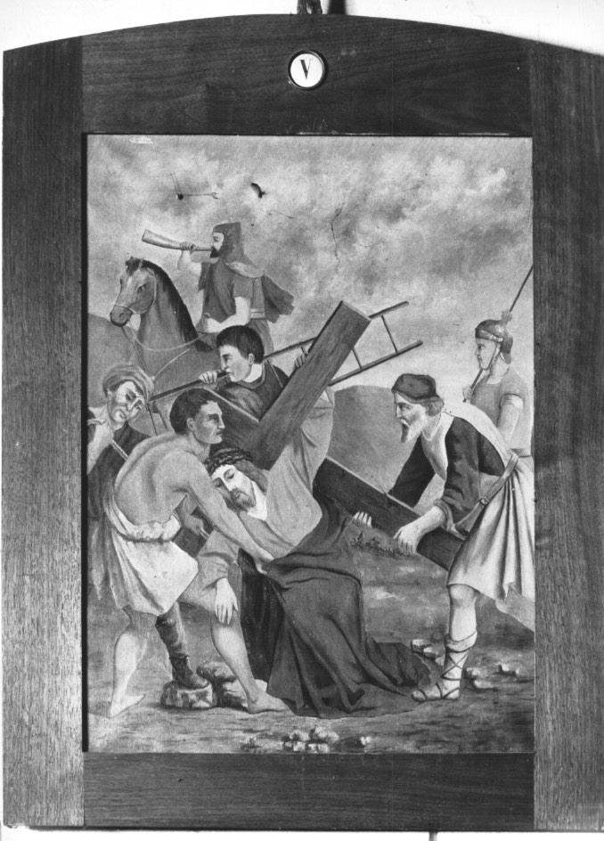 Stazione V: Gesù aiutato dal Cireneo a portare la croce (dipinto) - ambito Italia settentrionale (secondo quarto sec. XX)