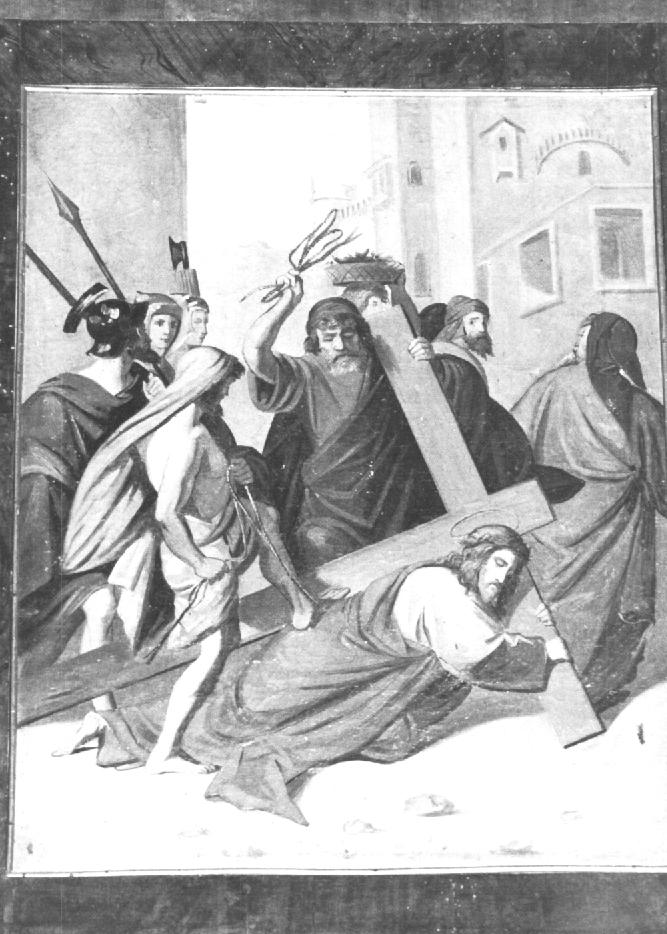 Stazione VII: Gesù cade sotto la croce la seconda (dipinto) - ambito veneto (prima metà sec. XX)