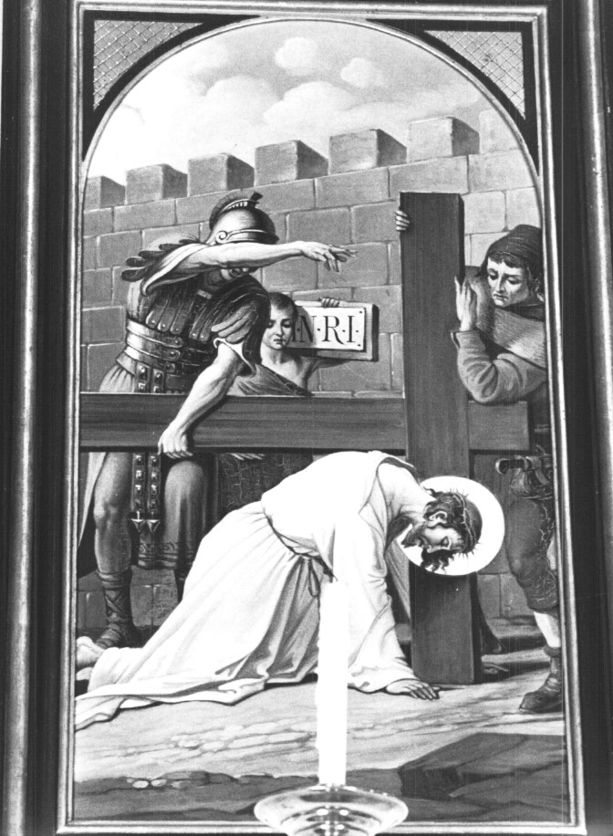 Stazione VII: Gesù cade sotto la croce la seconda (dipinto) - ambito Italia nord-orientale (sec. XX)