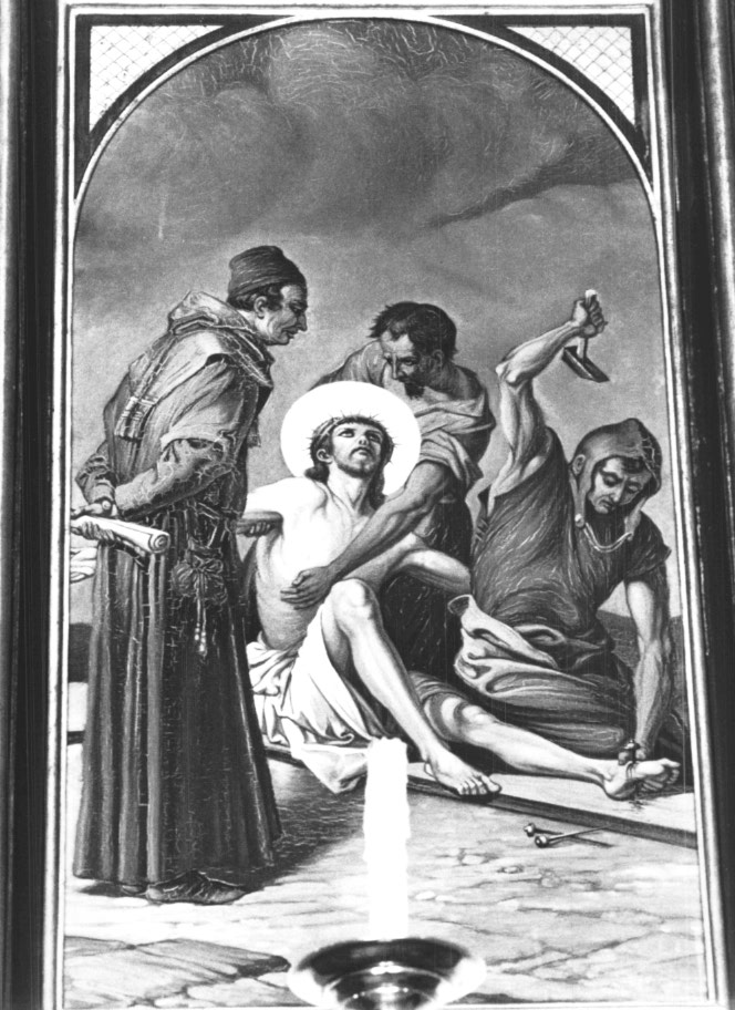 Stazione XI: Gesù inchiodato alla croce (dipinto) - ambito Italia nord-orientale (sec. XX)