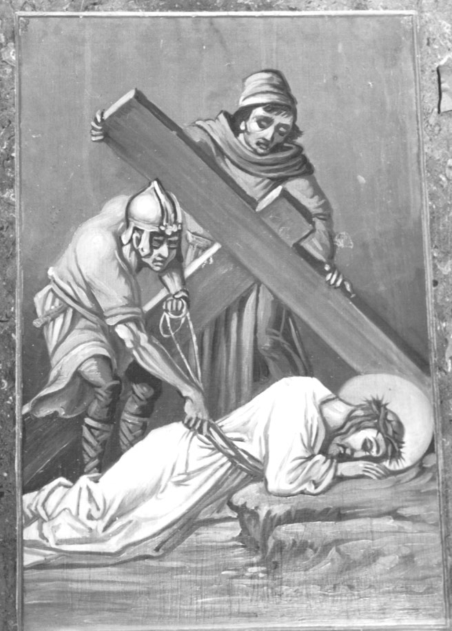 Stazione IX: Gesù cade sotto la croce la terza volta (dipinto) - ambito Italia nord-orientale (sec. XX)