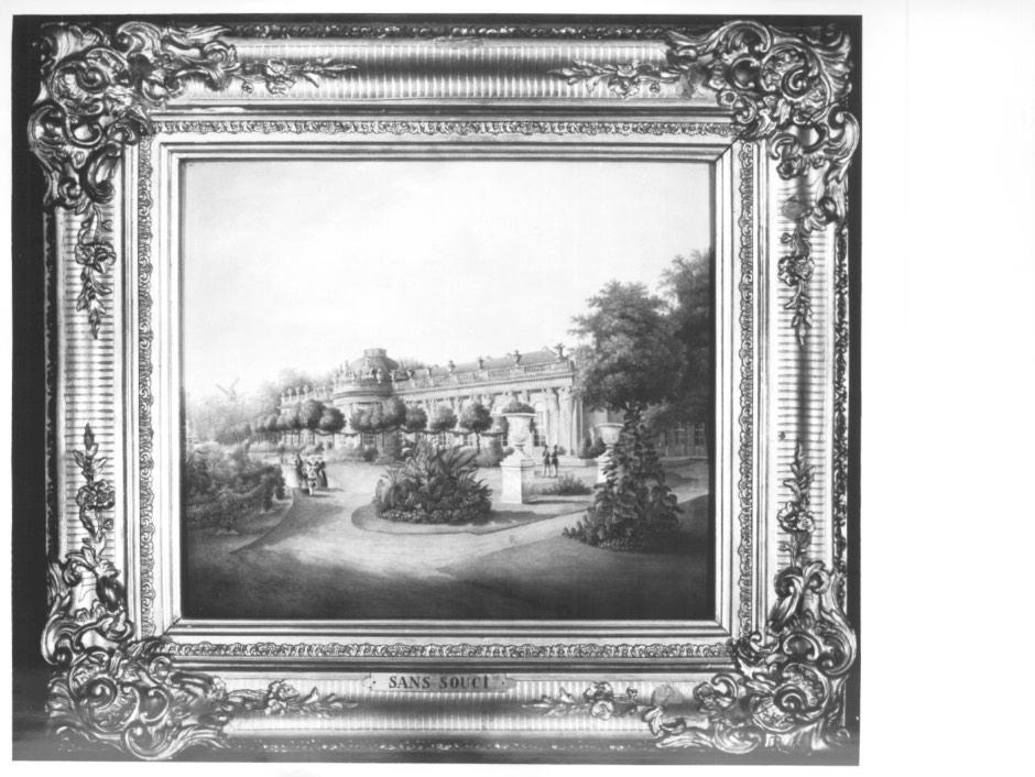 Sans Souci, veduta del castello e del parco di Sanssouci a Potsdam (dipinto, opera isolata) di Le Feubure Ferdinand (attribuito) (sec. XIX)