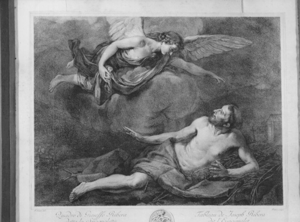 San Francesco d' Assisi visitato da un angelo (stampa) di Hutin Pierre, De Ribera Jusepe detto Spagnoletto, Pitteri Marco Alvise (sec. XVIII)