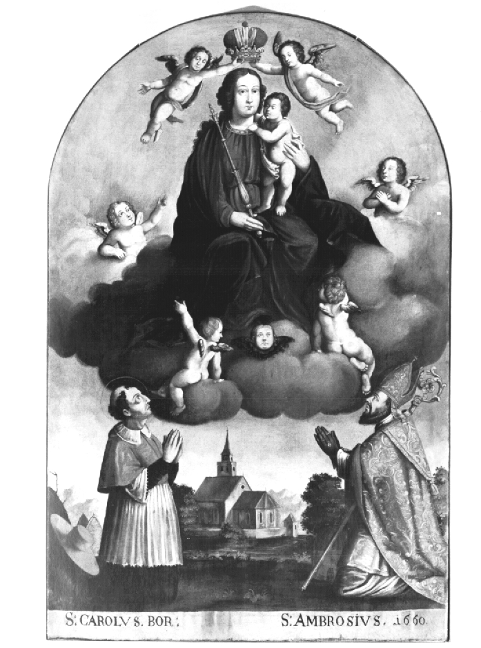 Madonna con Bambino in trono tra San Carlo Borromeo (pala d'altare) - ambito Italia nord-orientale (sec. XVII)