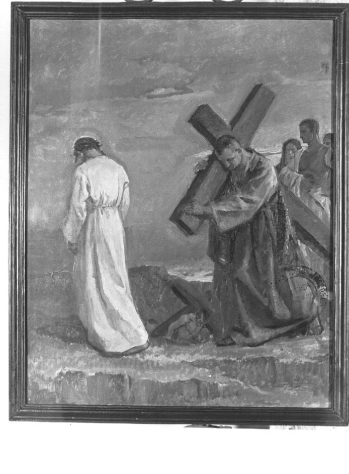 stazione V: Gesù aiutato da Simone il Cireneo a portare la croce (dipinto) - ambito Italia nord-orientale (prima metà sec. XX)