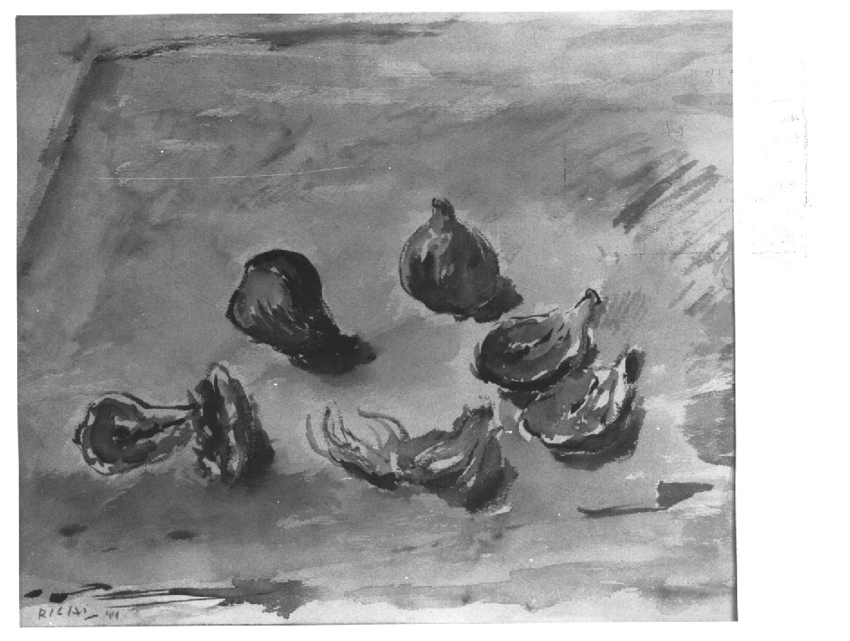 fichi spaccati, natura morta (dipinto) - ambito Italia nord-orientale (sec. XX)