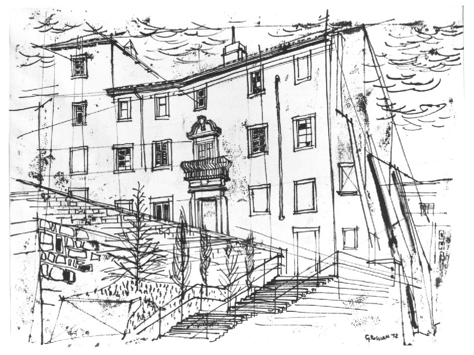 Casa Kupferscheine, paesaggio con architetture (disegno) - ambito Italia nord-orientale (sec. XX)