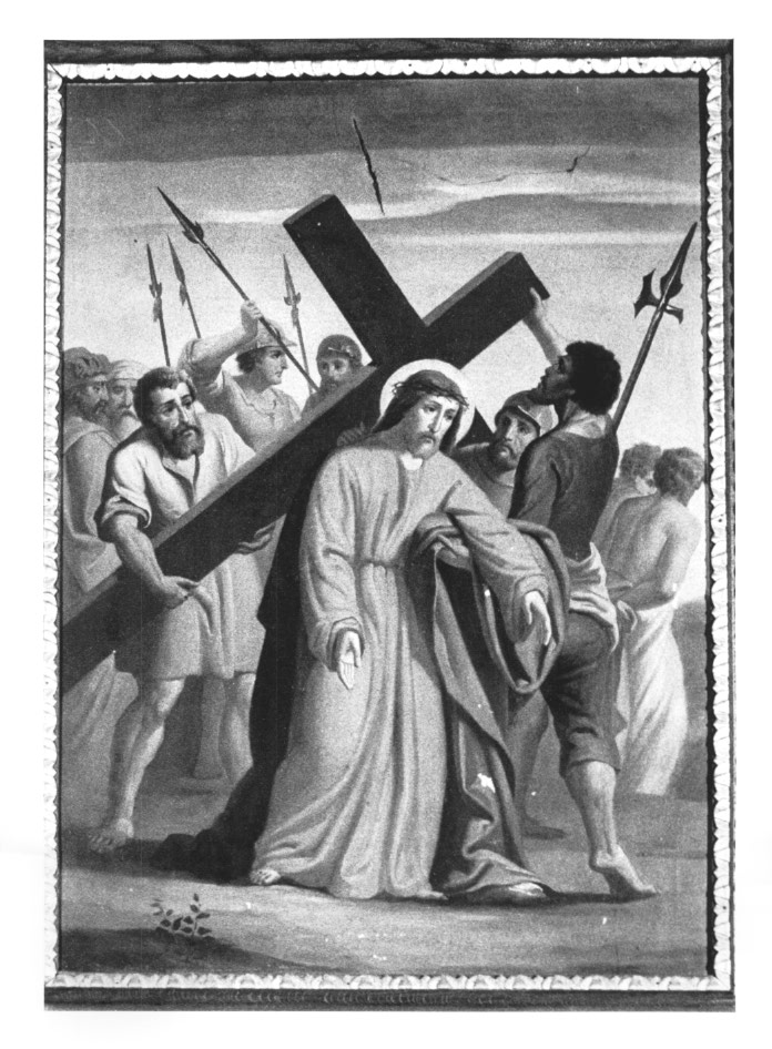 Stazione V: Gesù aiutato dal Cireneo a portare la croce (dipinto) - ambito Italia nord-orientale (sec. XIX)