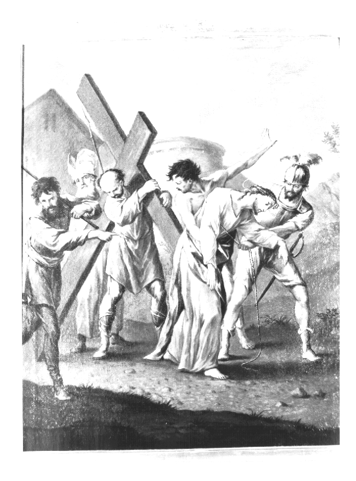 Stazione V: Gesù aiutato dal Cireneo a portare la croce (dipinto) - ambito Italia nord-orientale (sec. XIX)