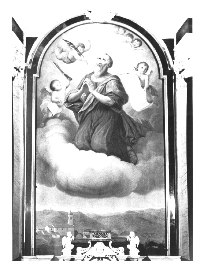 San Bartolomeo in gloria con la chiesa di Opicina, San Bartolomeo Apostolo (dipinto) - ambito Italia nord-orientale (seconda metà sec. XIX)