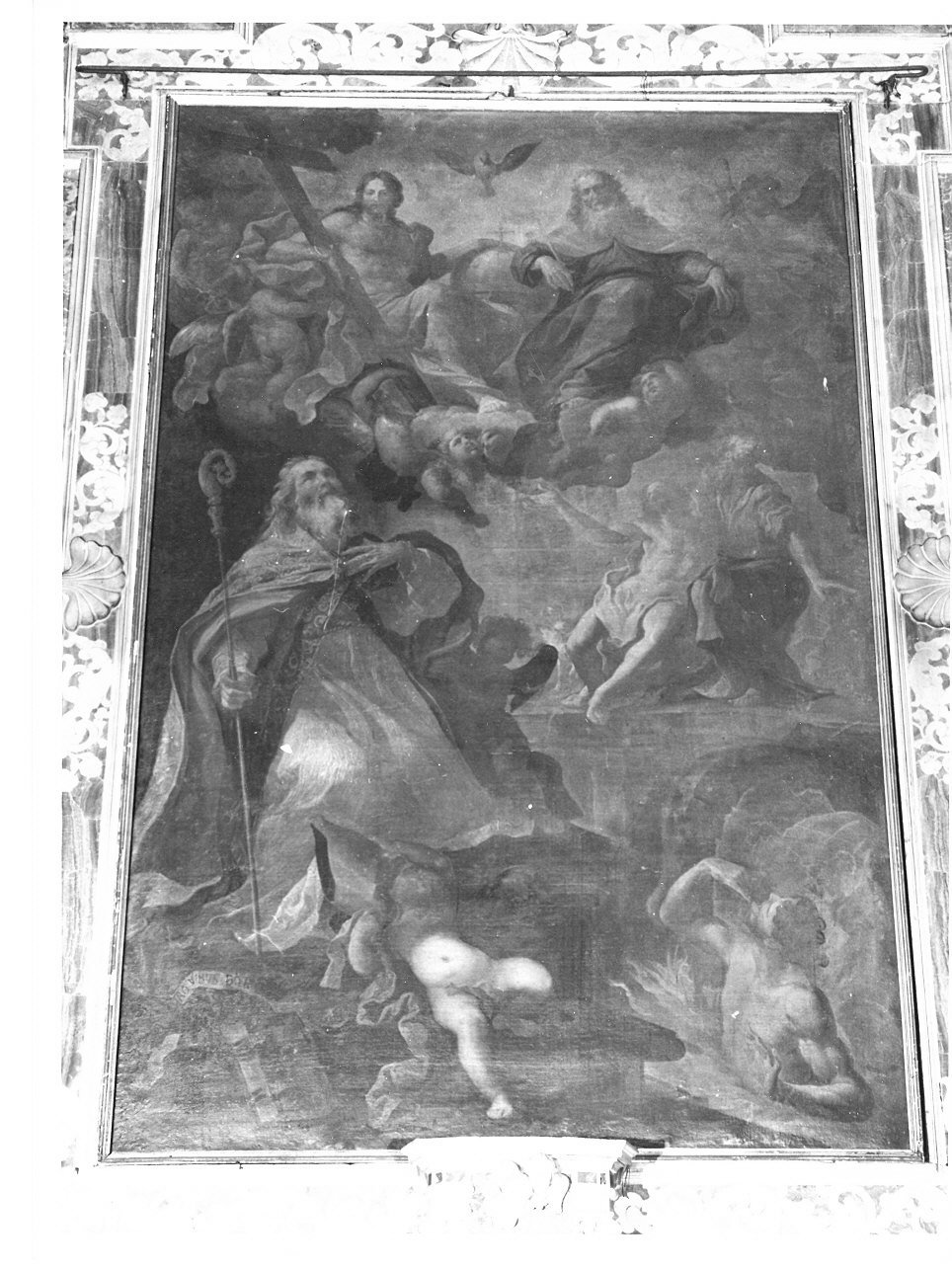 San Nicola di Bari e la Trinità (dipinto, opera isolata) di Carlone Giovanni Andrea (attribuito) (ultimo quarto sec. XVII)
