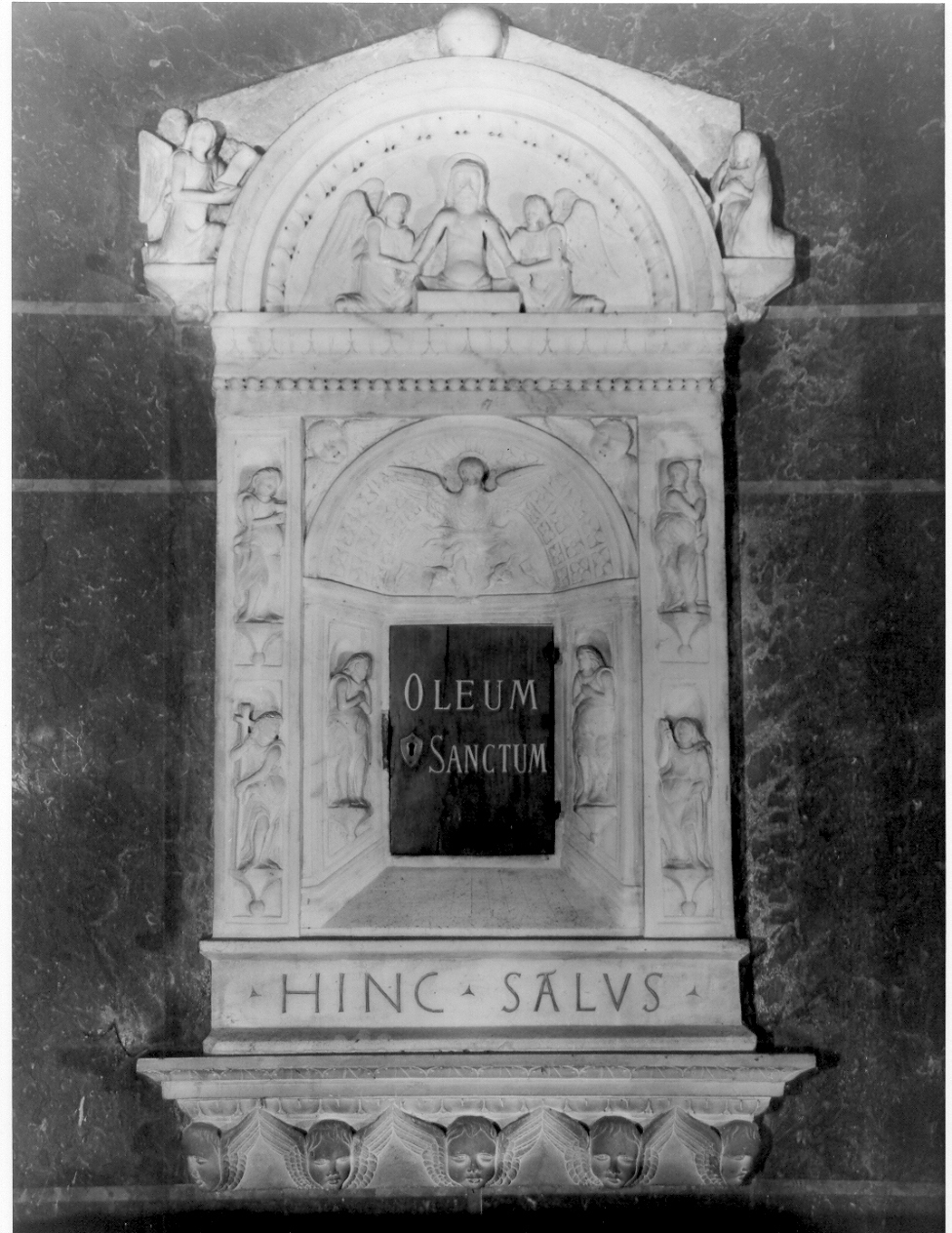 Cristo in pietà e angeli/ Annunciazione/ Santi (armadietto per oli santi, opera isolata) - bottega italiana (sec. XVI)