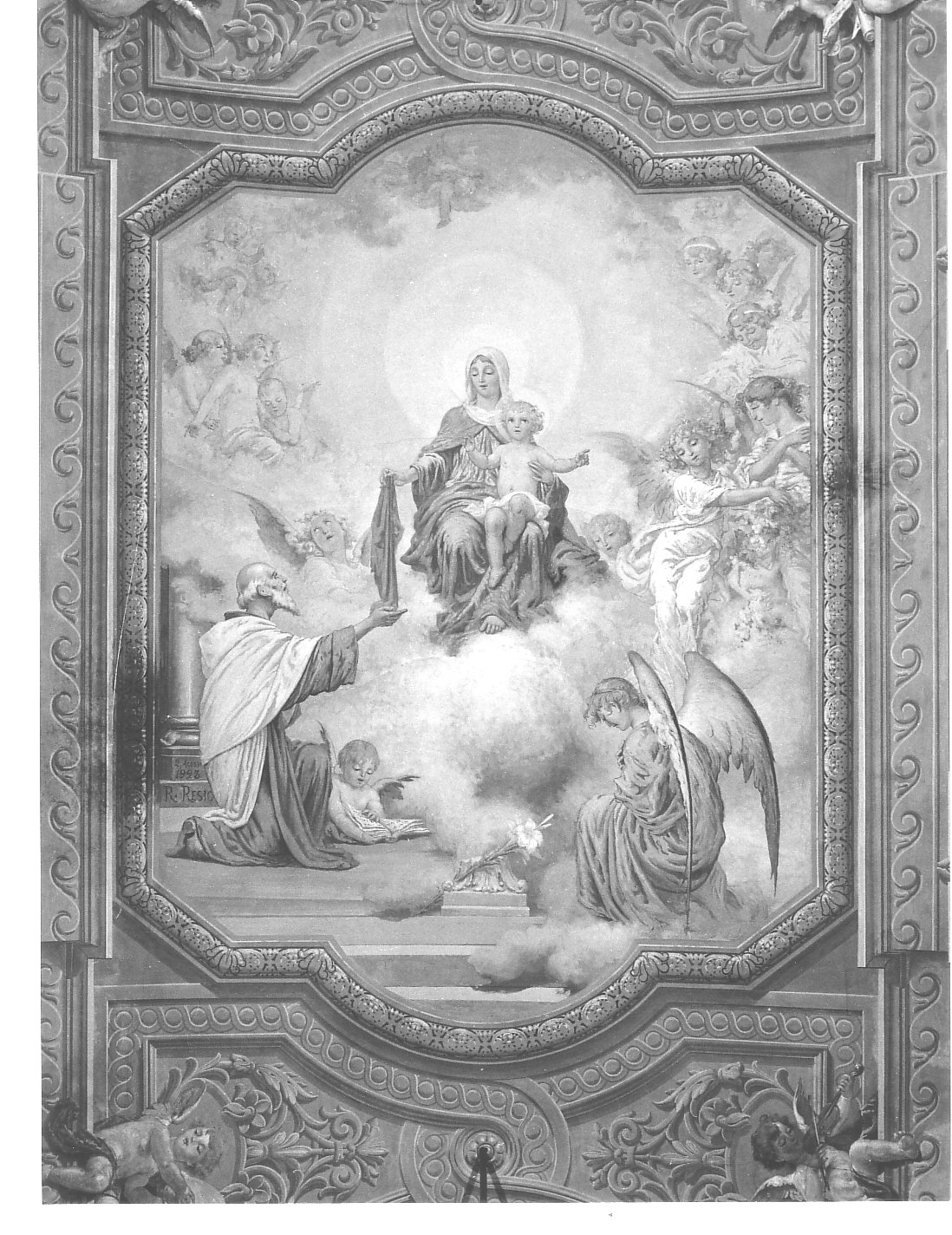 San Simone Stock riceve dalla Madonna lo scapolare (decorazione pittorica, elemento d'insieme) di Resio Raffaello (attribuito), Bertolotto Antonio (attribuito), Bertolotto Francesco (attribuito) (primo quarto sec. XX)