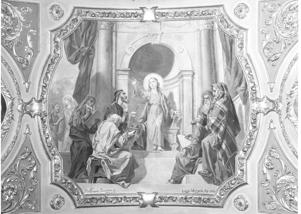 disputa di Gesù con i dottori nel tempio (dipinto, complesso decorativo) di Morgari Luigi (sec. XX)