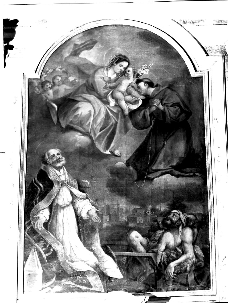 San Bassiano invoca Sant'Antonio affinchè guarisca un lebbroso (dipinto, opera isolata) di Tori Giuseppe (attribuito) (seconda metà sec. XVIII)